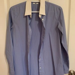 UNI QLO pinstripe fitted shirt with white collar and sleeves